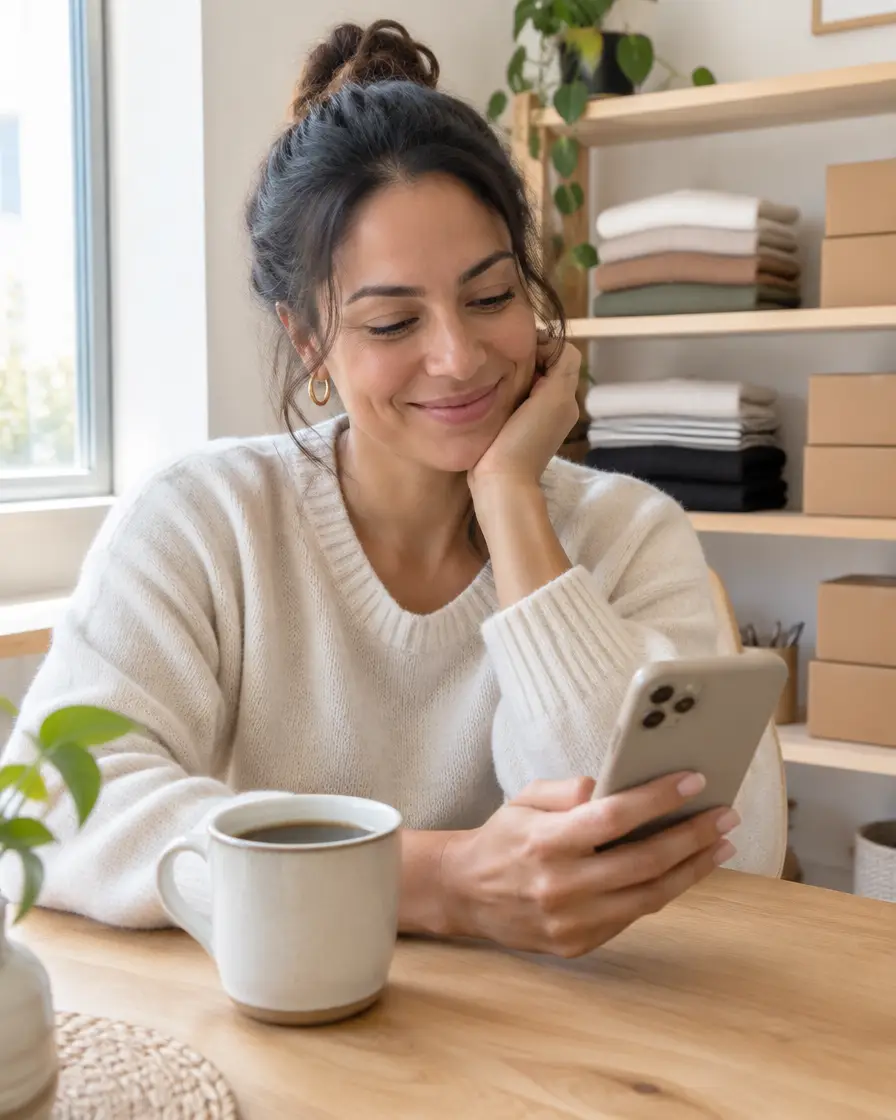 Dona de loja online tomando café e olhando o celular de manhã